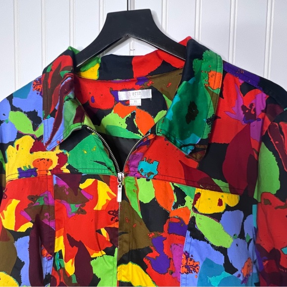 Erin Neon Multicolor Floral Print Spring Easter Full Zip Blazer Jacket Size XL - Picture 3 of 12
